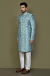 Aryavir Malhotra_Blue Sherwani Jacquard Silk Woven Leaf Set _at_Aza_Fashions