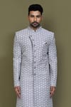 Shop_Aryavir Malhotra_Blue Sherwani Art Silk Embroidery Thread Mughal Floral Set _Online_at_Aza_Fashions