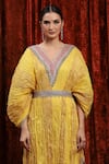 SHIKHAR SHARMA_Yellow Lurex Cotton Embroidered Gota V-neck Textured Dori Kaftan _at_Aza_Fashions