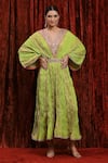 Shop_SHIKHAR SHARMA_Green Lurex Cotton Embroidered Gota V-neck Dori Textured Kaftan _Online_at_Aza_Fashions