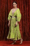 SHIKHAR SHARMA_Green Lurex Cotton Embroidered Gota V-neck Dori Textured Kaftan _at_Aza_Fashions