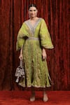 Buy_SHIKHAR SHARMA_Green Lurex Cotton Embroidered Gota V-neck Textured Striped Kaftan _at_Aza_Fashions