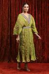 Buy_SHIKHAR SHARMA_Green Lurex Cotton Embroidered Gota V-neck Textured Striped Kaftan _Online_at_Aza_Fashions