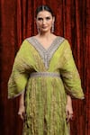 Buy_SHIKHAR SHARMA_Green Lurex Cotton Embroidered Gota V-neck Textured Striped Kaftan 