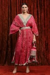 Buy_SHIKHAR SHARMA_Pink Lurex Cotton Embroidered Gota V-neck Striped Dori Kaftan _at_Aza_Fashions