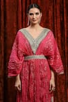 SHIKHAR SHARMA_Pink Lurex Cotton Embroidered Gota V-neck Striped Dori Kaftan _at_Aza_Fashions