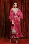 Buy_SHIKHAR SHARMA_Pink Lurex Cotton Embroidered Gota V-neck Striped Kaftan _at_Aza_Fashions