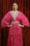 SHIKHAR SHARMA_Pink Lurex Cotton Embroidered Gota V-neck Striped Kaftan _at_Aza_Fashions