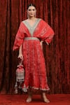 Buy_SHIKHAR SHARMA_Red Lurex Cotton Embroidered Gota V-neck Textured Badla Kaftan _at_Aza_Fashions