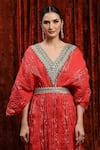 SHIKHAR SHARMA_Red Lurex Cotton Embroidered Gota V-neck Textured Badla Kaftan _at_Aza_Fashions