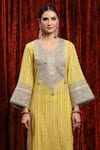 Shop_SHIKHAR SHARMA_Yellow Kurta Cotton Lurex Embroidered Gota V-neck Striped Pant Set _Online_at_Aza_Fashions