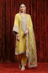 Buy_SHIKHAR SHARMA_Yellow Kurta Cotton Lurex Embroidered Gota V-neck Striped Badla Pant Set _at_Aza_Fashions