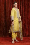 Buy_SHIKHAR SHARMA_Yellow Kurta Cotton Lurex Embroidered Gota V-neck Striped Badla Pant Set _Online_at_Aza_Fashions