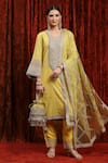 SHIKHAR SHARMA_Yellow Kurta Cotton Lurex Embroidered Gota V-neck Striped Badla Pant Set _at_Aza_Fashions