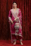 SHIKHAR SHARMA_Pink Kurta Cotton Lurex Embroidered Gota V-neck Set With Checkered Dupatta _at_Aza_Fashions