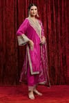 SHIKHAR SHARMA_Pink Kurta Cotton Lurex Embroidered Gota V-neck Striped Pant Set _Online_at_Aza_Fashions