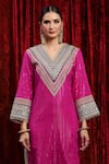 SHIKHAR SHARMA_Pink Kurta Cotton Lurex Embroidered Gota V-neck Striped Pant Set _at_Aza_Fashions