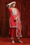 Buy_SHIKHAR SHARMA_Red Kurta Cotton Lurex Embroidered Gota V-neck Striped Pant Set _Online_at_Aza_Fashions