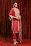 Buy_SHIKHAR SHARMA_Red Kurta Cotton Lurex Embroidered Gota V-neck Dori Striped Pant Set _Online_at_Aza_Fashions