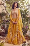 Buy_Prisho_Yellow Silk Embroidery Thread Work U Phool Bahar Cape Lehenga Set  _at_Aza_Fashions