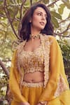 Shop_Prisho_Yellow Silk Embroidery Thread Work U Phool Bahar Cape Lehenga Set  _at_Aza_Fashions