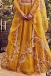 Prisho_Yellow Silk Embroidery Thread Work U Phool Bahar Cape Lehenga Set  _Online_at_Aza_Fashions