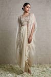 Buy_Prisho_Ivory Bustier Silk Embroidered Zardozi Border Draped Skirt Set  _at_Aza_Fashions