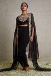 Buy_Prisho_Black Blouse Silk Embroidered Dori Cape Pearl Border Skirt Set  _at_Aza_Fashions