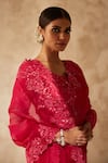 Prisho_Fuchsia Organza Embroidered Jaali Round Floral Vine Saree With Blouse _Online_at_Aza_Fashions