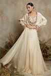 Buy_Prisho_Ivory Organza Embroidery Floral V Neck Silk Blouse With Skirt  _at_Aza_Fashions