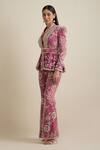 Eeksha_Magenta Crepe, Silk Pearls, Diamonds, Stones, Embroidered Peplum Jacket Pant Set _Online_at_Aza_Fashions