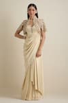 Buy_Eeksha_Ivory Lycra, Satin, Net, Silk Draped Dress With Flower Petal Embellished Jacket _at_Aza_Fashions