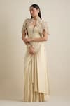 Buy_Eeksha_Ivory Lycra, Satin, Net, Silk Draped Dress With Flower Petal Embellished Jacket _Online_at_Aza_Fashions