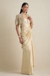 Shop_Eeksha_Ivory Lycra, Satin, Net, Silk Draped Dress With Flower Petal Embellished Jacket _Online_at_Aza_Fashions