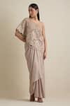 Buy_EEKSHA_Pink Foil Mesh Embroidered Sequins Top One Shoulder And Dhoti Skirt Set  _Online_at_Aza_Fashions