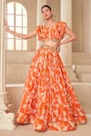 Buy_Taavare_Orange Tissue Organza Printed Floral V Neck Embroidered Lehenga Set _at_Aza_Fashions