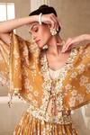 Buy_Taavare_Gold Tissue Organza Printed Floral V Neck Embroidered Kaftan Blouse Lehenga Set _Online_at_Aza_Fashions