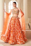 Buy_Taavare_Orange Tissue Organza Printed Floral Square Pleated Lehenga Set_at_Aza_Fashions