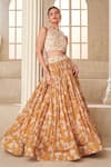 Taavare_Gold Tissue Organza Printed Floral Round Embroidered Lehenga Set _Online_at_Aza_Fashions