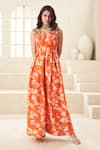 Buy_Taavare_Orange Organza Printed Floral V Neck Embroidered Jumpsuit_at_Aza_Fashions