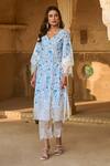 Buy_Sage Saga_Blue Chanderi, V-neck Neel Ambar Printed Kurta Pant Set _at_Aza_Fashions