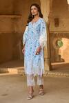 Buy_Sage Saga_Blue Chanderi, V-neck Neel Ambar Printed Kurta Pant Set _Online_at_Aza_Fashions