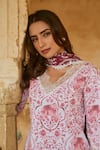 Shop_Sage Saga_Red Lawn Cotton Printed Floral V Chantilly Lace Applique Work Kurta Pant Set 