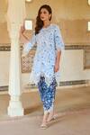 Buy_Sage Saga_Blue Lace Embroidery Round Neck Raasa Neel Elephant Print Kurta _at_Aza_Fashions