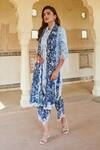 Buy_Sage Saga_Blue Lace Embroidery Round Neck Raasa Neel Elephant Print Kurta _Online_at_Aza_Fashions