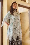 Sage Saga_Green Linen Embroidery, Lace Round Neck Raasa Kokil Floral Print Kurta _at_Aza_Fashions