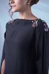 Shop_Seesa_Black Silk Crepe Applique Floral High Neck Elan Slit Sleeve Cape Dress_at_Aza_Fashions