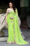 Buy_Nirmooha_Green Lurex Embroidery Floral Leaf Neck Border Pre-draped Saree With Blouse _at_Aza_Fashions