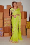 Shop_Nirmooha_Green Lurex Embroidery Floral Leaf Neck Border Pre-draped Saree With Blouse 