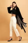 Buy_LABEL IVISH_Black Velvet Plain Open Neck Kimono Wrap Tunic Trouser Set  _Online_at_Aza_Fashions